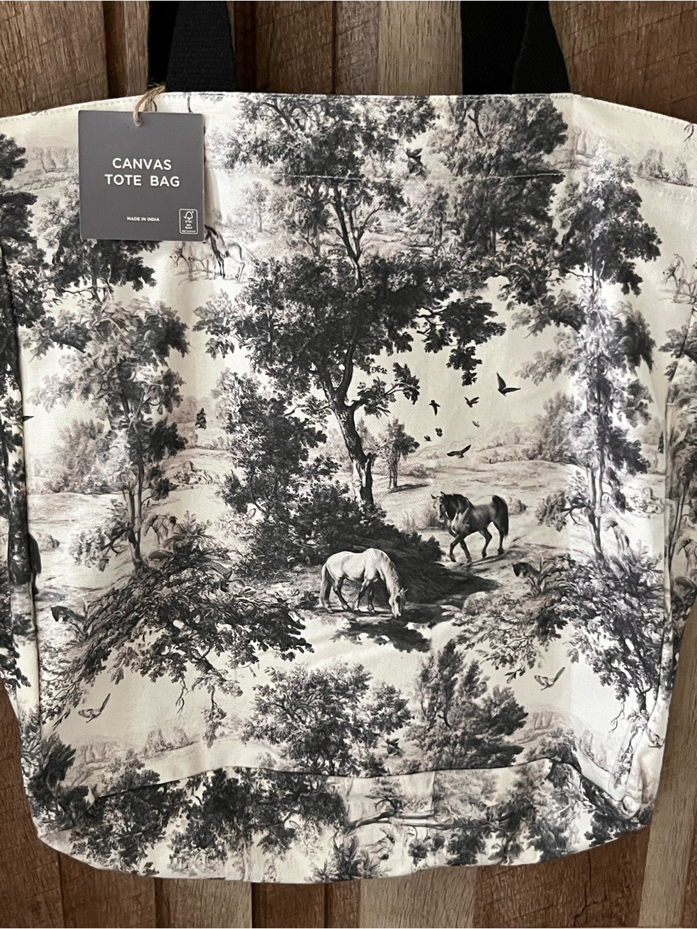White Horse Toile Print Pastoral Scenic Large NWT Canvas Tote Bag Black & White